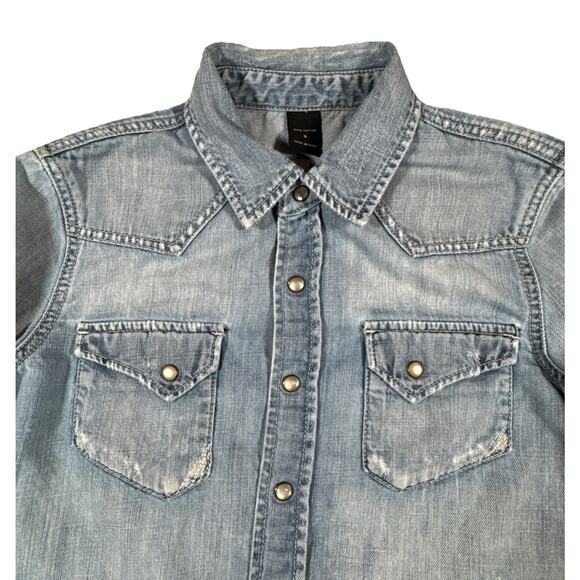 London Jean Women’s Pearl Snap Long Sleeve Shirt Size SMallBlue Denim 100 Cotton - Picture 7 of 7